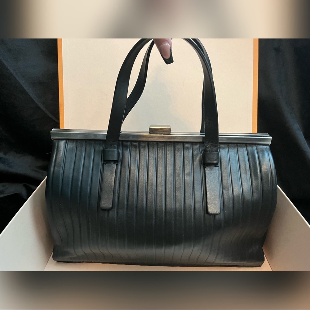 Lia Numa Purse Italian Leather Black Satchel Handles Clasp Handbag Striped